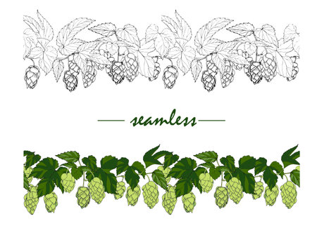 leaves and cones of hop, hops ingredient for making beer, seamless ornamentのイラスト素材