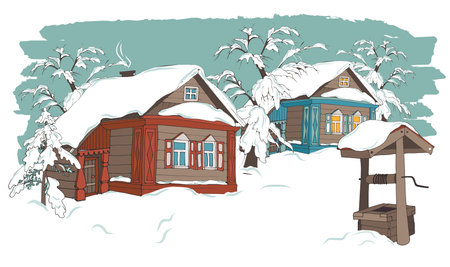 Snow-covered village street, wooden houses and trees in the snow, winter rural landscape, vector illustrationのイラスト素材