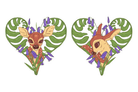 Forest fawn among grass and heart-shaped flowers, young deer and fern leaves and bell flowers, set, vector illustrationのイラスト素材