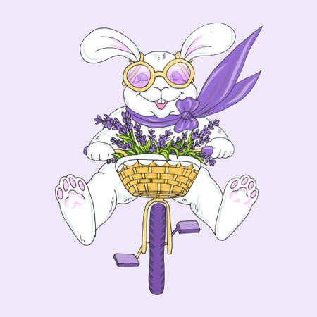 Rabbit with glasses rides a bicycle with a basket of flowers, vector illustrationのイラスト素材