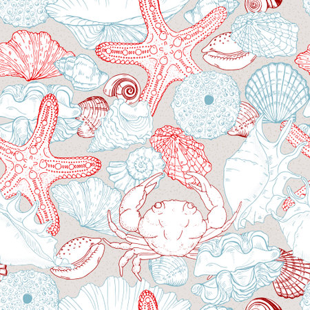 seamless pattern with starfish, crabs, sea urchins and seashellsの写真素材