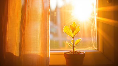 Small sprout in a pot on the windowsill at sunset.の素材
