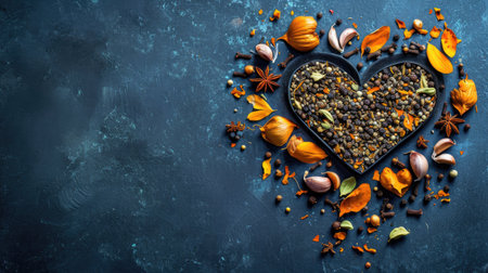 Heart shaped plate with spices on dark blue background. Top view with copy spaceの素材