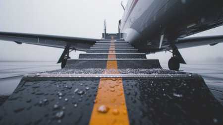 Low-angle view of airplane boarding stairs with raindrops, emphasizing travel and weather conditions.の素材