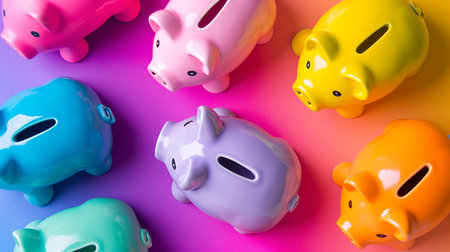 Colorful piggy banks on pink and blue background, top viewの素材