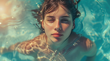 Portrait of a beautiful young woman in swimming pool. Toned.の素材