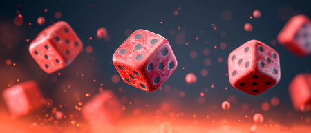 Red dice flying on a dark background. 3d rendering illustration.の素材