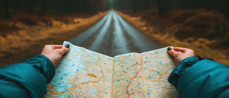 Hands holding a map on the road in the forest. Travel conceptの素材