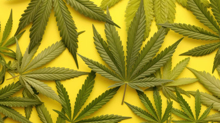 Cannabis leaves on yellow background, top view. Space for textの素材