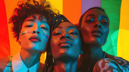 Multi-ethnic group of young people in neon light. African-american, caucasian and african american female models posing in studio.の素材