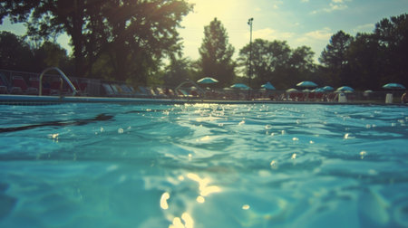 Swimming pool with water drops in the summer. Blurred backgroundの素材