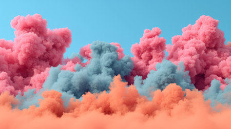 Abstract underwater scene with colorful ink plumes in orange, pink, and blue against a dark background.の素材