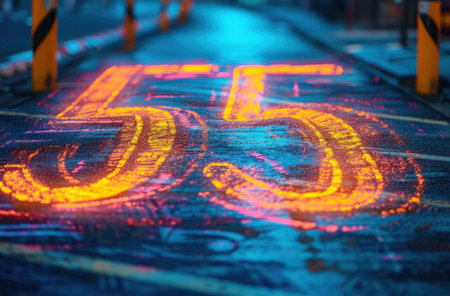 Colorful illuminated numbers 55 on a wet street at night, creating a vibrant urban atmosphere.の素材