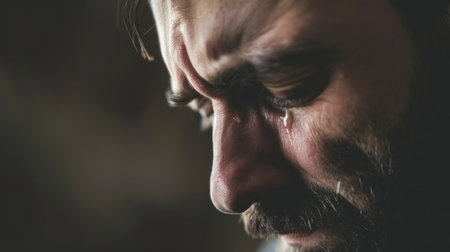 Close-up of a distressed man with tears in his eyes, expressing sadness or grief.の素材
