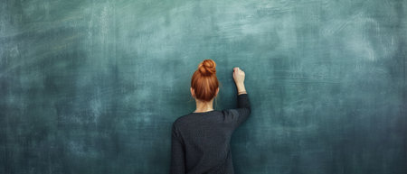 Female teacher writing on blackboard in an empty classroom, concept for education and school.の素材