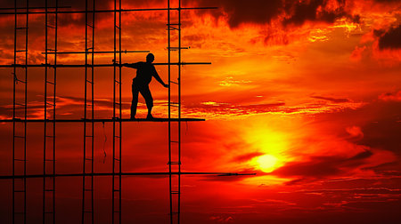 Silhouette of a construction worker on site at sunset with steel rods and crane in the background.の素材