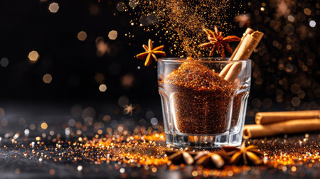 Open jar of spices with cinnamon and star anise on dark background.の素材