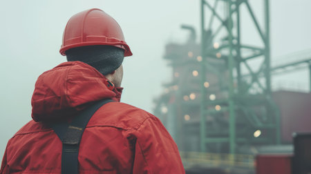 Worker in red hard hat and jacket overlooking industrial site on foggy day.の素材