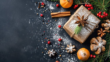 Christmas holiday background with gift, cookies, and festive decor on a dark surface with copy space.の素材