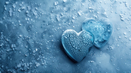 Two heart-shaped ice sculptures on a frosty blue background with ice crystals.の素材