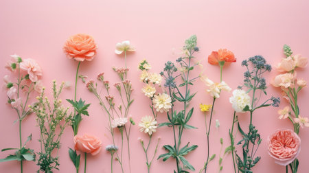 Assorted delicate flowers arranged in a gradient on a soft pink background, ideal for spring-themed designs and invitations.の素材
