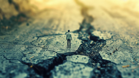 Man walking on a cracked earth path symbolizing challenge and determination.の素材