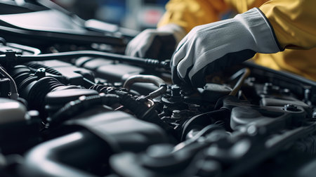 Close-up of a mechanic's hands working on a car engine, showcasing automotive maintenance and repair.の素材