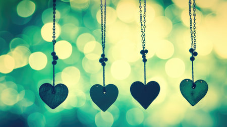 Four heart-shaped pendants hanging against a bokeh light background, conveying love or Valentine's concept.の素材