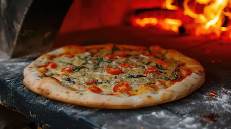 Pizza in a restaurant kitchen. The pizza is ready to be baked.の素材
