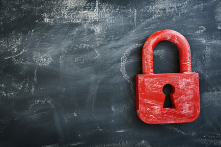 Red Padlock Secured on Blackboardの素材