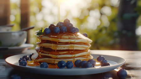 Pancakes with blueberries and maple syrup on a wooden tableの素材