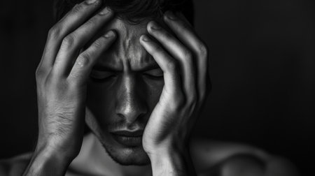 Close-up portrait of a young man suffering from depression and anxietyの素材