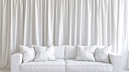 white sofa with pillows on white curtain background, interior design conceptの素材