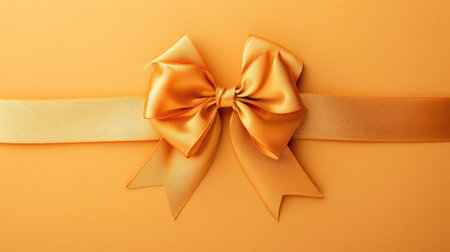 Elegant golden bow on a matching orange background, concept for gift wrapping or decoration.の素材