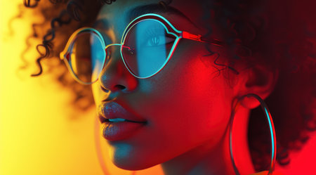 Close-up of a young woman with glasses in vibrant neon lighting, highlighting her features with a mysterious allure.の素材
