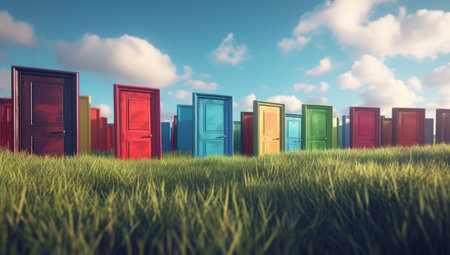 Colorful doors in a field under a blue sky, concept of opportunity and choice.の素材