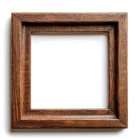Empty rustic wooden picture frame isolated on a white background with copy space.の素材