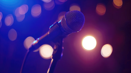 Close-up of a microphone on stage with blurred colorful lights in the background, suggesting a live performance or event.の素材