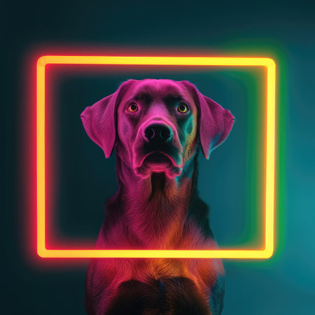 Black dog with a neon light frame in a purple background, creating a vibrant and modern pet portrait.の素材