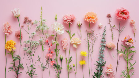 Assorted delicate flowers arranged in a gradient on a soft pink background, ideal for spring-themed designs and invitations.の素材