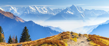 Panoramic view of a mountain trail with autumn foliage, overlooking a sea of clouds against a backdrop of majestic snow-capped peaks.の素材