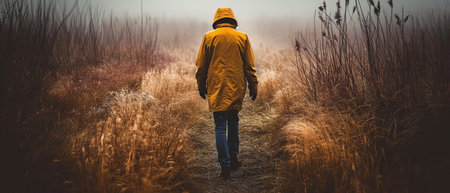 Solitary figure in yellow jacket walking on a misty forest path surrounded by tall grass.の素材