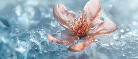 Close-up of a delicate peach flower floating on tranquil water with a soft blue bokeh background.の素材