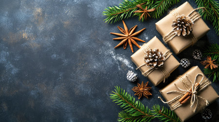 Christmas background with gift boxes, pine cones, and fir branches on a dark textured surface.の素材