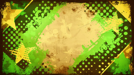 Grunge-style background with stars and halftone dots in green and yellow tones, vintage texture overlay.の素材