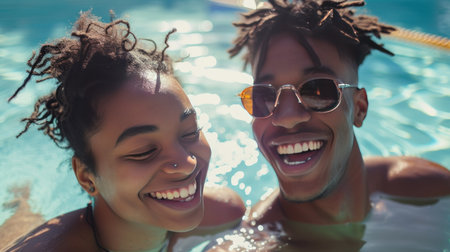 Happy young couple enjoying a sunny day in the pool, smiling with sunglasses on.の素材