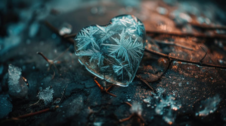 Glass heart on icy surface with a cool blue tone, symbolizing love or heartbreak.の素材