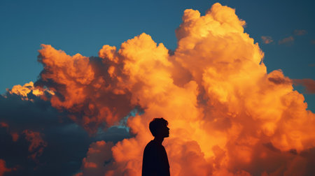 Silhouette of a person against vibrant sunset clouds.の素材