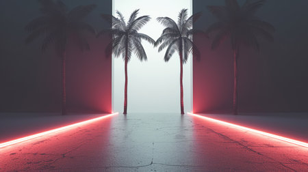 Surreal scene with palm trees and neon lights at night, creating a mysterious and futuristic atmosphere.の素材