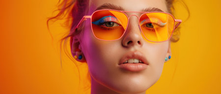 Stylish woman with sunglasses in vibrant neon lightの素材